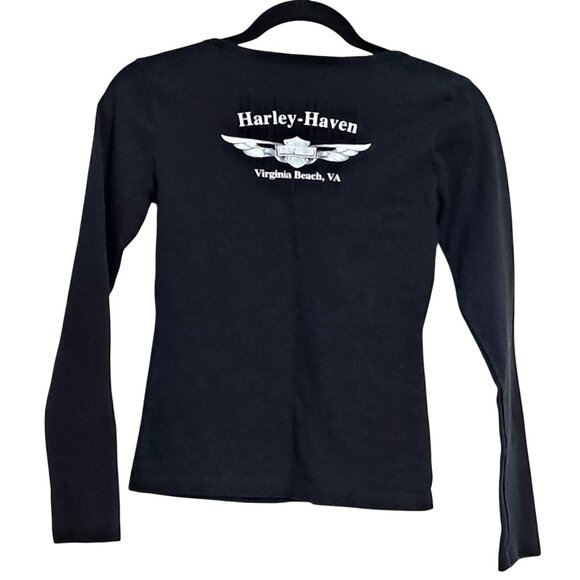 Harley Davidson Shirt Chrome Spellout Womens S Long Sleeve Black V-Neck Virginia - Picture 3 of 7
